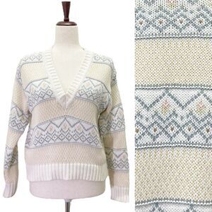 Vintage Liz Sport Fair Isle Pastel Neutral Cropped V Neck Sweater Size P | XS